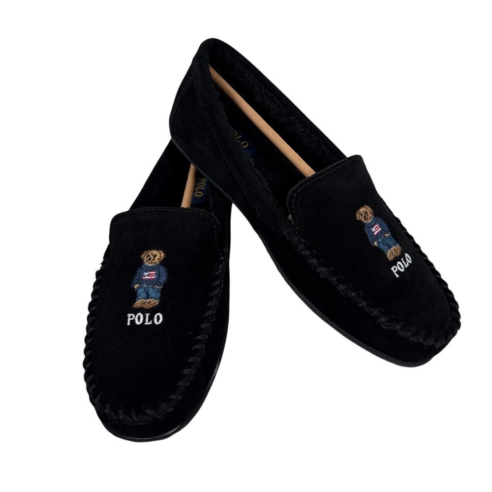 Polo Ralph Lauren Collins Bear Moccasins Slippers Womens 9 Black Suede Sherpa‎